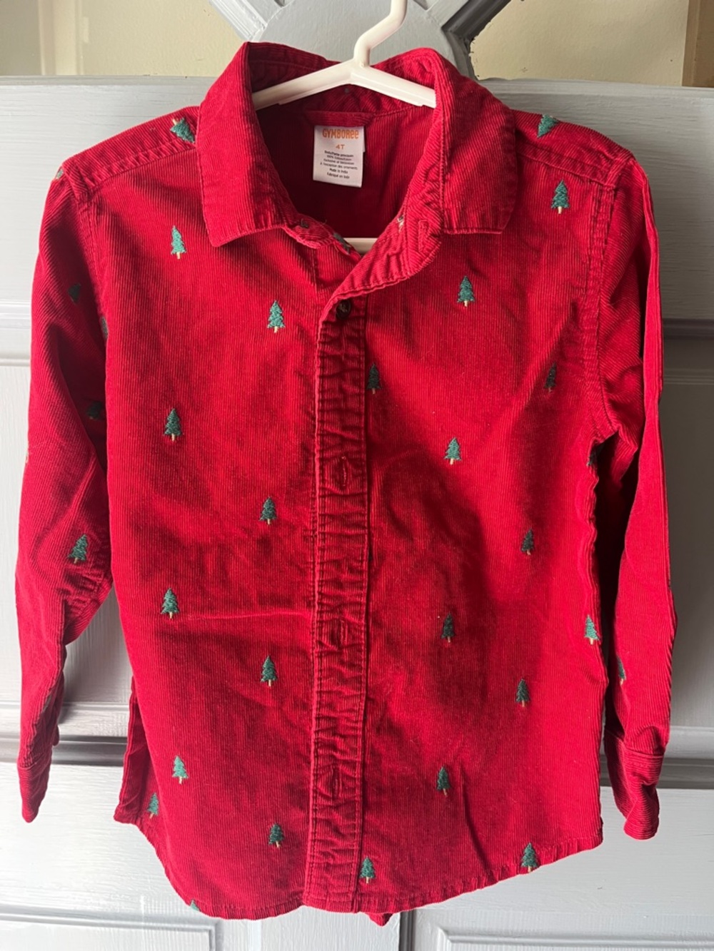 Gymboree Christmas Red Corduroy Button-Down Shirt Green Tree Embroidery, Boys 4T